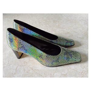 VTG Proxy Sz 8.5 Holograph Rainbow Green Snakeskin Square Toe Heels 90s